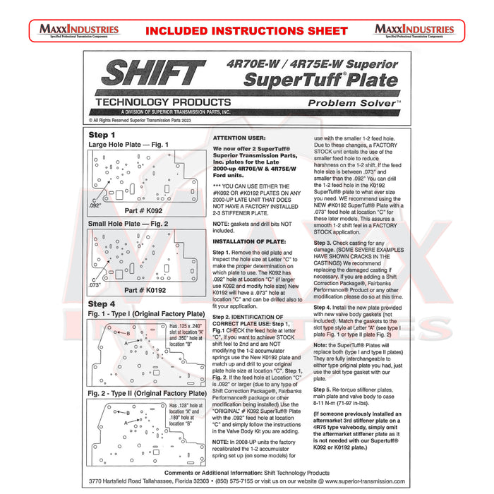 4R70W 4R75 Ford Valve Body Plate Super Tuff Superior K092 fits L2000-on V8