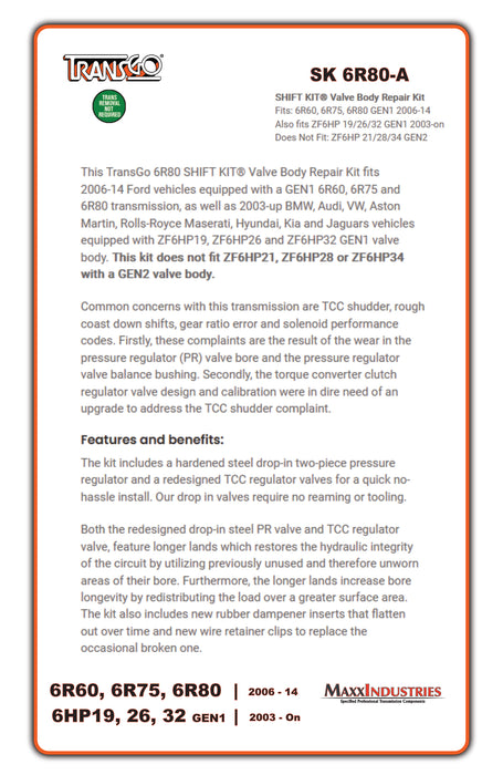 6R80 Transmission Valve Body Repair Kit Transgo SK 6R80-A GEN1 Ford 6R60/75/80