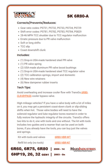 6R80 Transmission Valve Body Repair Kit Transgo SK 6R80-A GEN1 Ford 6R60/75/80