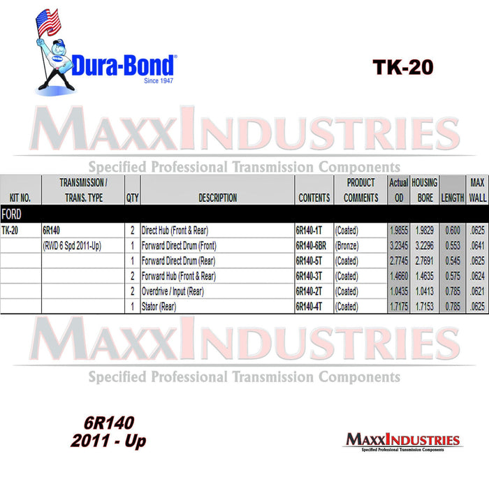 MaxxIndustries Dura-Bond 6R140 transmission bushing kit specification chart for Ford 2011-up gas and diesel trucks